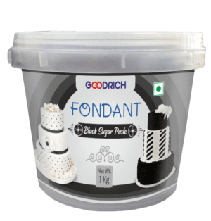 Goodrich Black Fondant Sugar Paste displayed for cake decoration, showcasing a rich black color suitable for elegant designs.