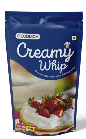 Goodrich Creamy Whip Pouch displayed, showing a smooth, rich topping perfect for cake decorating and dessert garnishing.