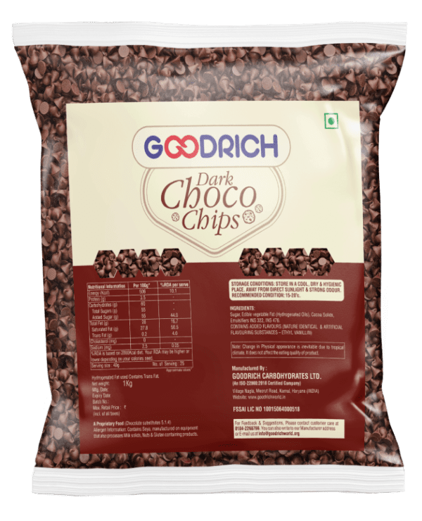 Goodrich Dark Choco Chips, perfect for baking and decorating desserts with rich chocolate flavor.