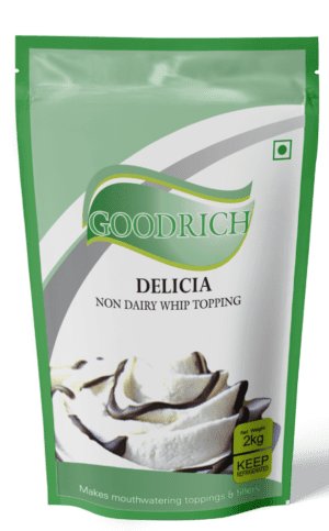 Goodrich Delicia Whip Topping, showcasing its rich texture and versatile use for cake decorating and dessert garnishing.