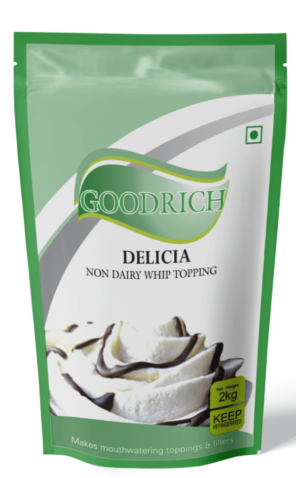 Goodrich Delicia Whip Topping, showcasing its rich texture and versatile use for cake decorating and dessert garnishing.