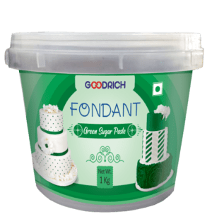 Goodrich Green Fondant Sugar Paste displayed for cake decoration, showcasing a vibrant green color suitable for various designs.