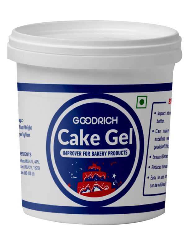 A bottle of cake gel next to a bowl of cake batter, with slices of moist cake and decorated cupcakes in the background, highlighting its effectiveness in baking.