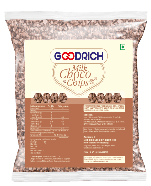 Goodrich Milk Choco Chips, perfect for baking cookies and enhancing desserts with creamy chocolate flavor.