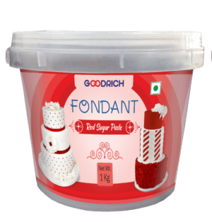 Goodrich Red Fondant Sugar Paste displayed for cake decoration, showcasing a vibrant red color suitable for various designs.