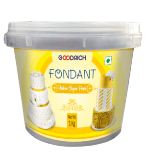 Goodrich Yellow Fondant Sugar Paste displayed for cake decoration, showcasing a vibrant yellow color suitable for various designs.